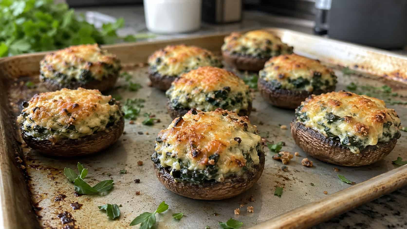 spinach and ricotta stuffed mushroom caps with golden parmesan tops on a baking sheet, fresh herbs scattered around, on a kitchen counter, wide horizontal shot, natural light, shallow depth of field, landscape orientation