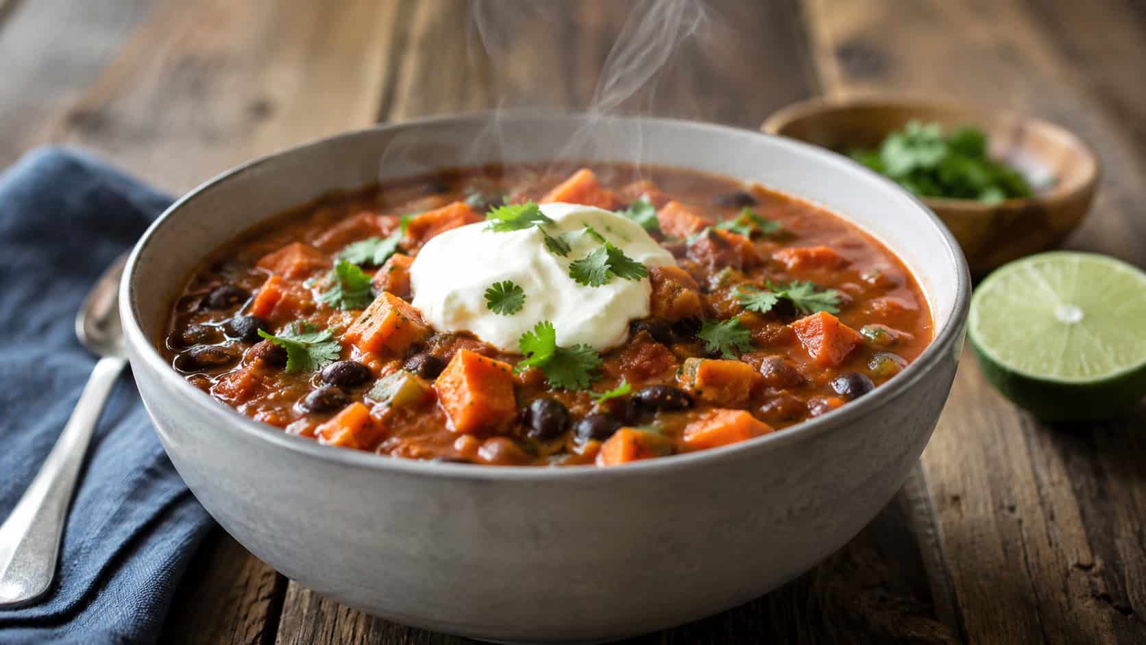 a bowl of hearty sweet potato and black bean chili topped with cilantro and a dollop of yogurt, steam rising, on a rustic wood table, wide horizontal shot, natural light, shallow depth of field, landscape orientation