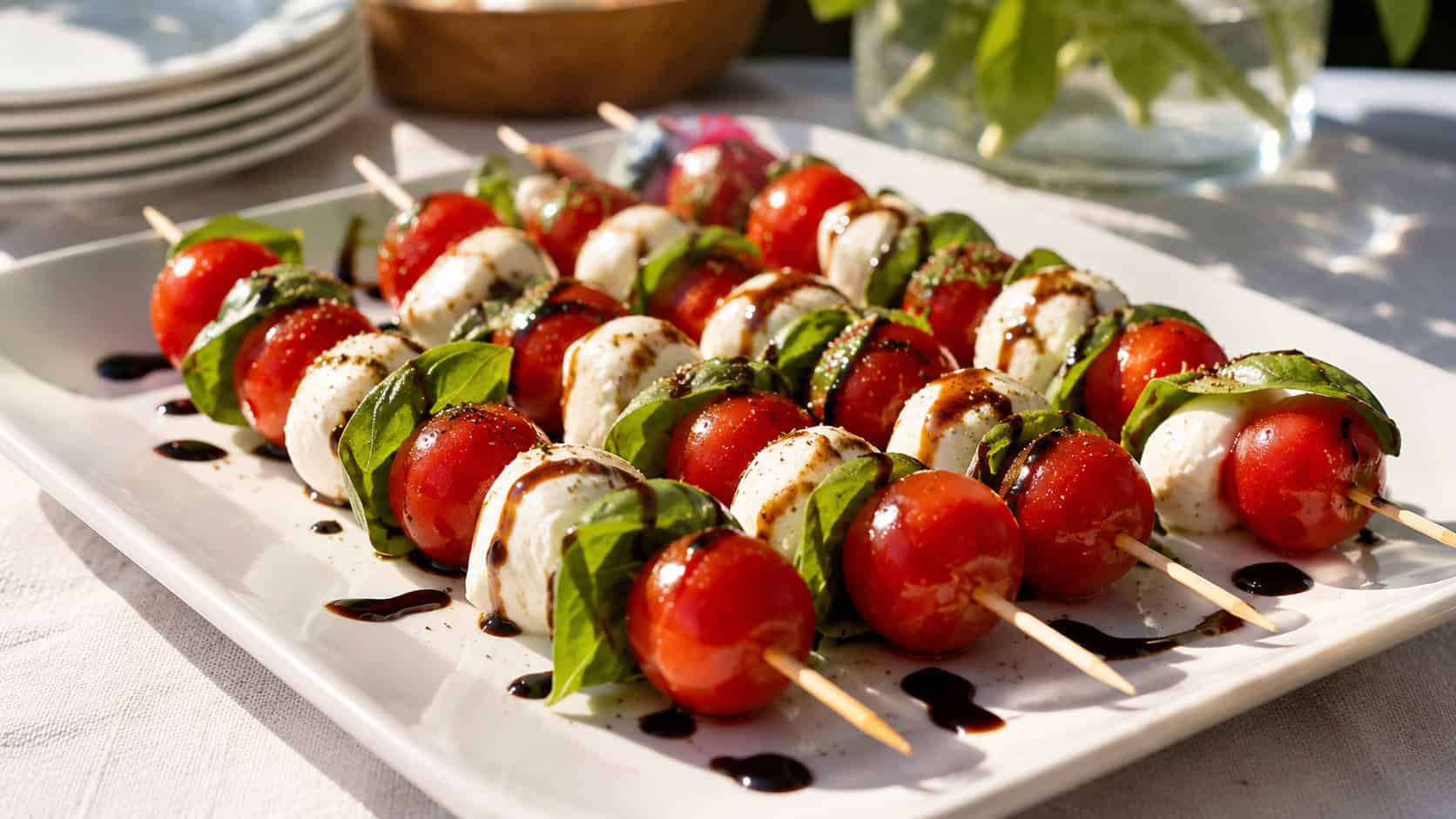 caprese skewers with red cherry tomatoes, white mozzarella, and green basil leaves drizzled with balsamic glaze on a white platter, on a sunny table, wide horizontal shot, natural light, shallow depth of field, landscape orientation