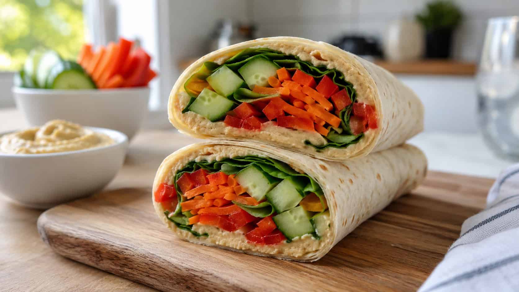 a sliced hummus and veggie wrap showing colorful layers of cucumber, carrot, pepper, and spinach on a wooden board, on a bright kitchen table, wide horizontal shot, natural light, shallow depth of field, landscape orientation