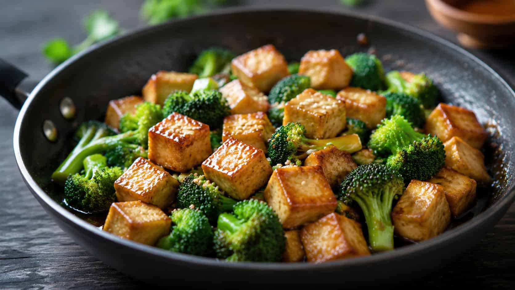 golden crispy tofu cubes and bright green broccoli in a glossy sauce in a skillet, sesame seeds sprinkled on top, on a dark table, wide horizontal shot, natural light, shallow depth of field, landscape orientation