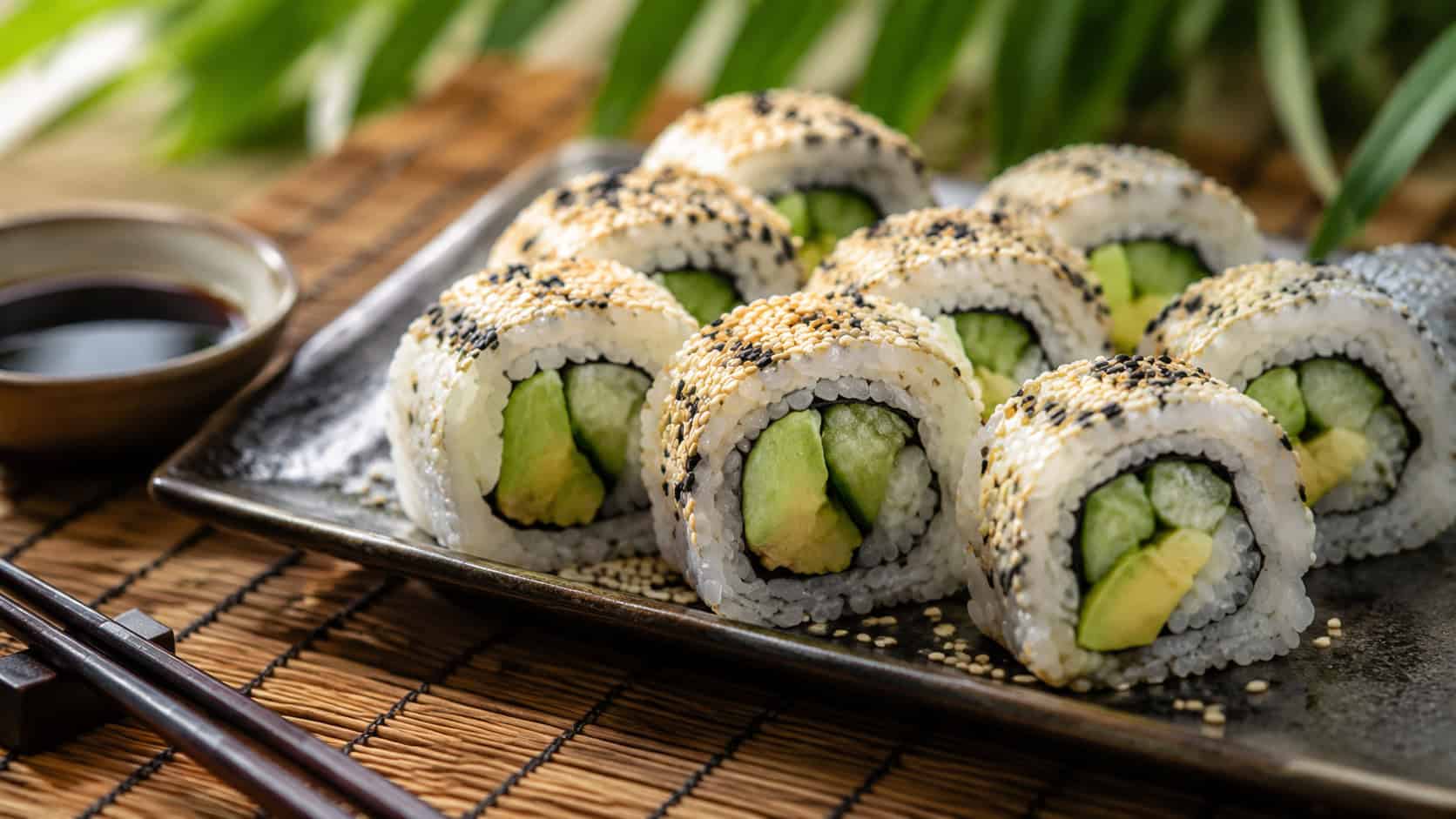 cucumber and avocado sushi rolls sliced and arranged on a dark plate with sesame seeds, soy sauce dish on the side, on a bamboo mat, wide horizontal shot, natural light, shallow depth of field, landscape orientation