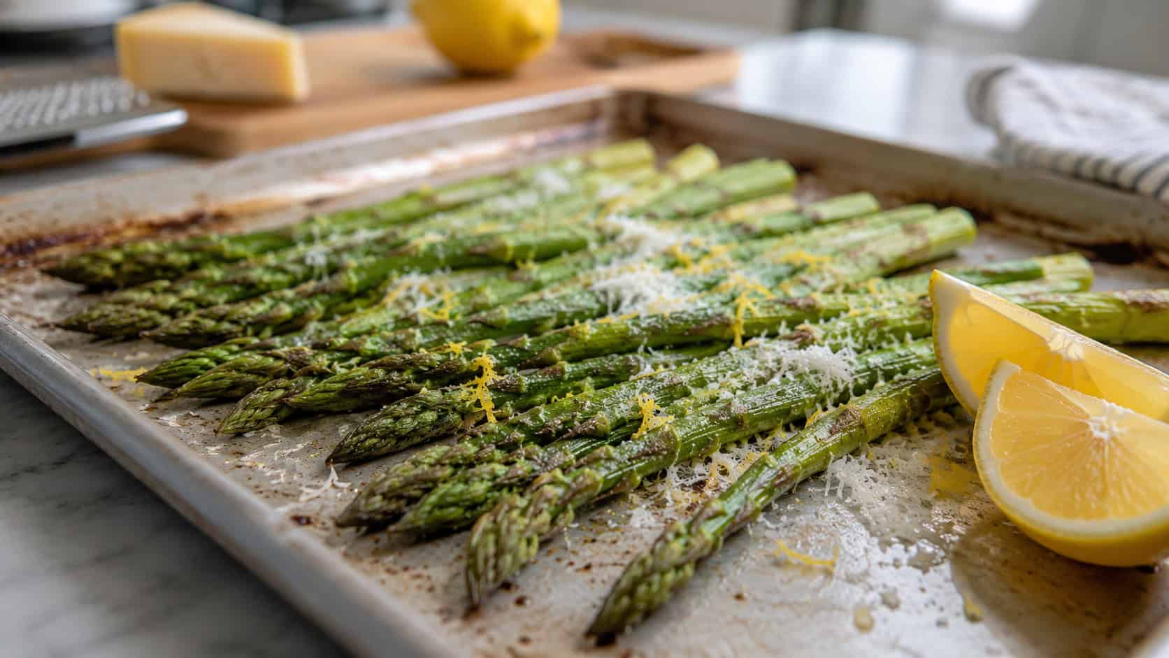 roasted asparagus spears topped with grated parmesan and lemon zest on a baking sheet, lemon wedges nearby, on a kitchen counter, wide horizontal shot, natural light, shallow depth of field, landscape orientation
