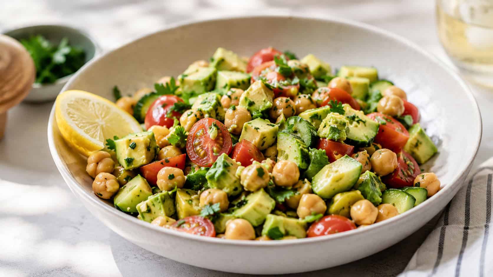 a fresh chickpea and avocado salad with cherry tomatoes, cucumber, and parsley in a wide bowl, lemon wedge on the side, on a bright table, wide horizontal shot, natural light, shallow depth of field, landscape orientation