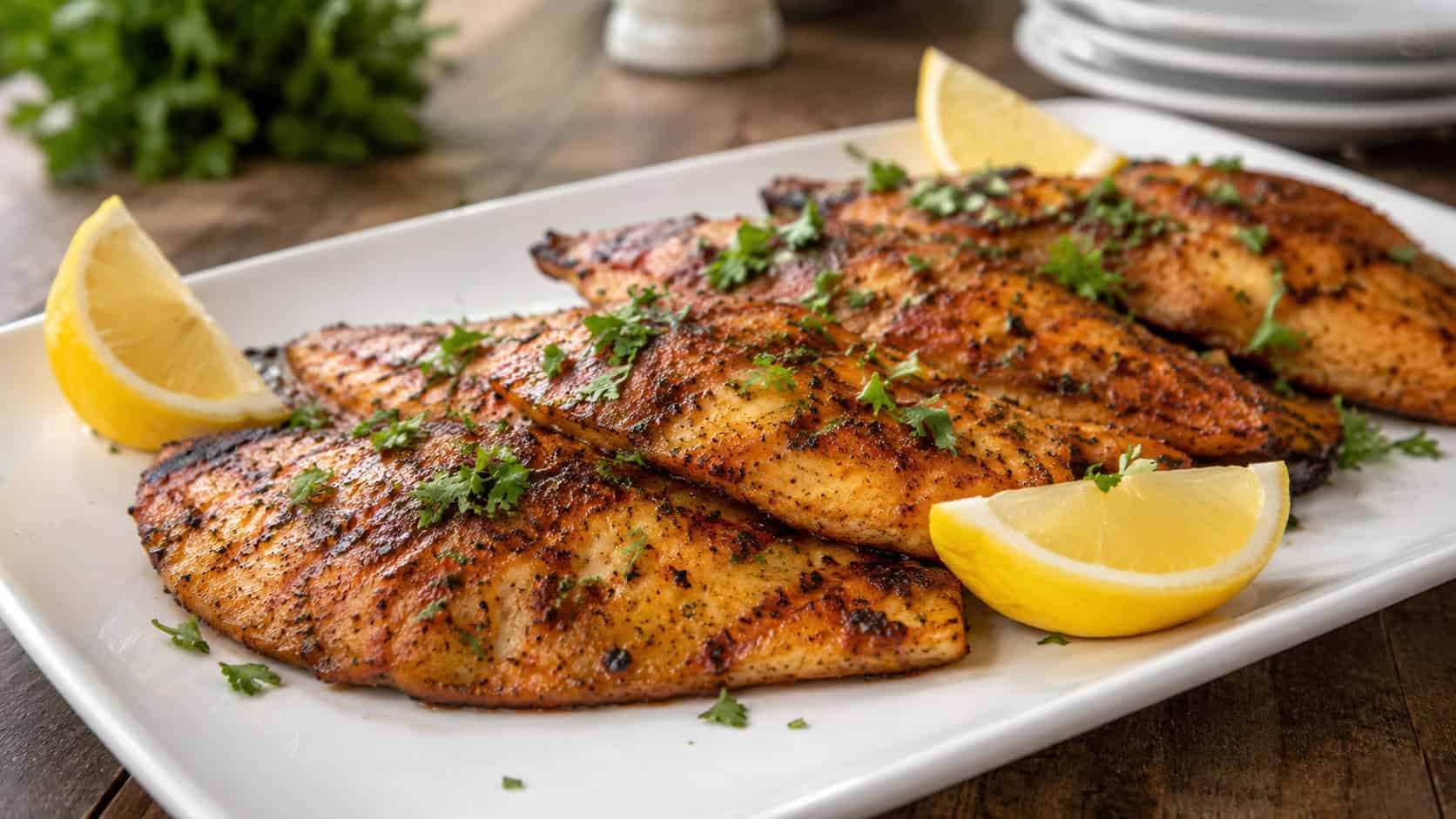 Cajun grilled tilapia fillets with a spiced golden crust and grill marks topped with parsley and lemon wedges on a white plate, on a wood table, wide horizontal shot, natural light, shallow depth of field, landscape orientation