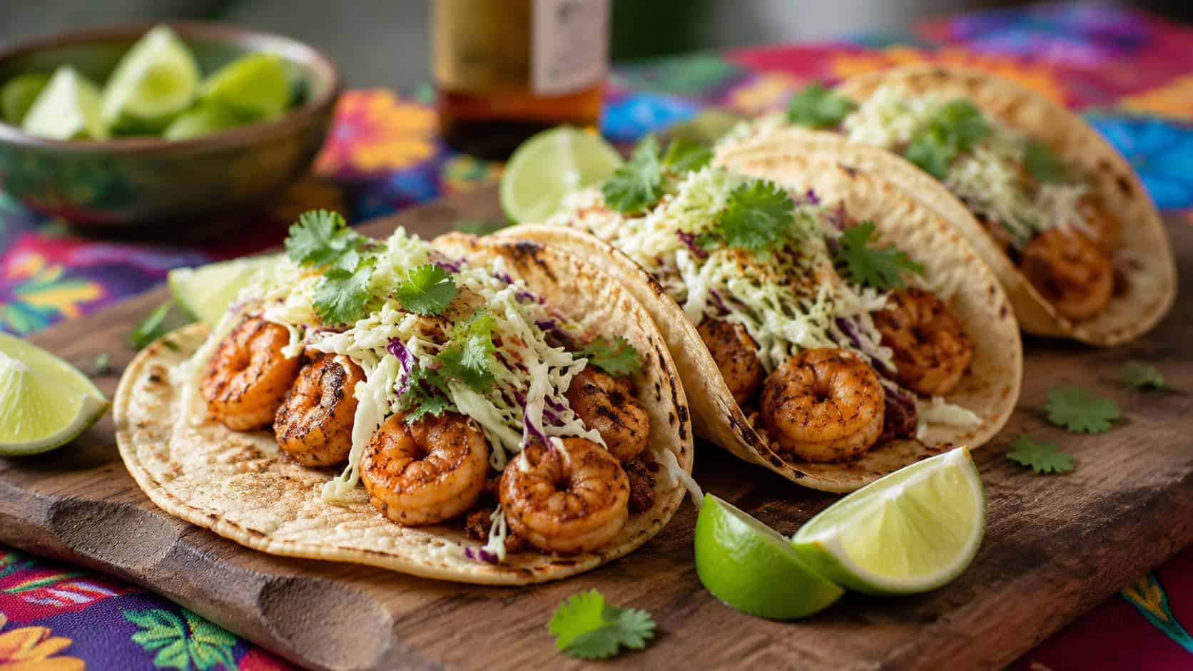spicy shrimp tacos topped with crunchy lime cabbage slaw and cilantro on a wooden board, lime wedges scattered around, on a colorful table, wide horizontal shot, natural light, shallow depth of field, landscape orientation