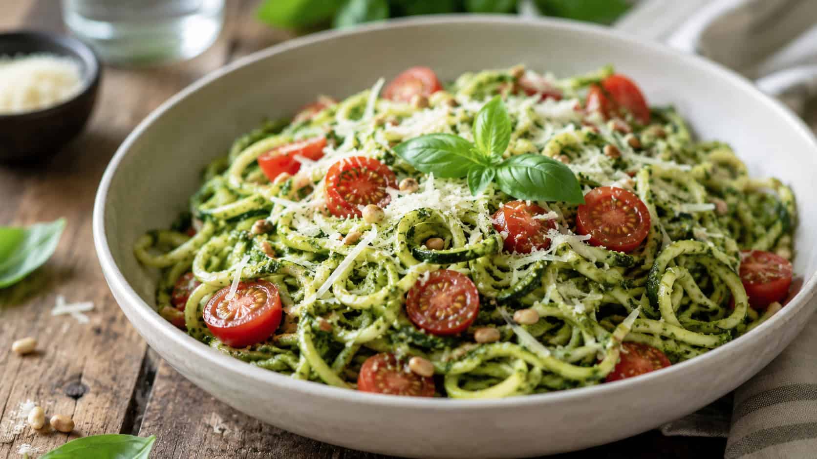 zucchini noodles tossed in green pesto with halved cherry tomatoes and parmesan in a wide bowl, fresh basil on top, on a rustic table, wide horizontal shot, natural light, shallow depth of field, landscape orientation