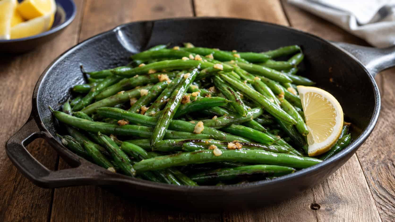 sautéed green beans glistening with golden garlic bits in a skillet, lemon wedge on the side, on a rustic wood table, wide horizontal shot, natural light, shallow depth of field, landscape orientation
