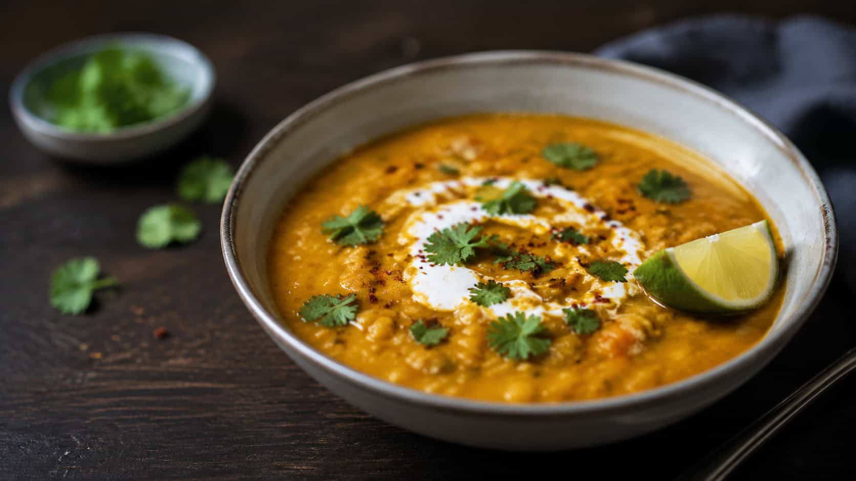 a bowl of creamy golden coconut curry lentil soup garnished with cilantro and a lime wedge, swirl of coconut milk on top, on a dark wood table, wide horizontal shot, natural light, shallow depth of field, landscape orientation