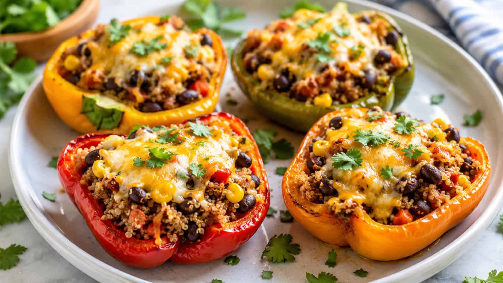 colorful bell pepper halves stuffed with quinoa, black beans, and corn topped with melted cheese on a plate, cilantro garnish, on a bright table, wide horizontal shot, natural light, shallow depth of field, landscape orientation