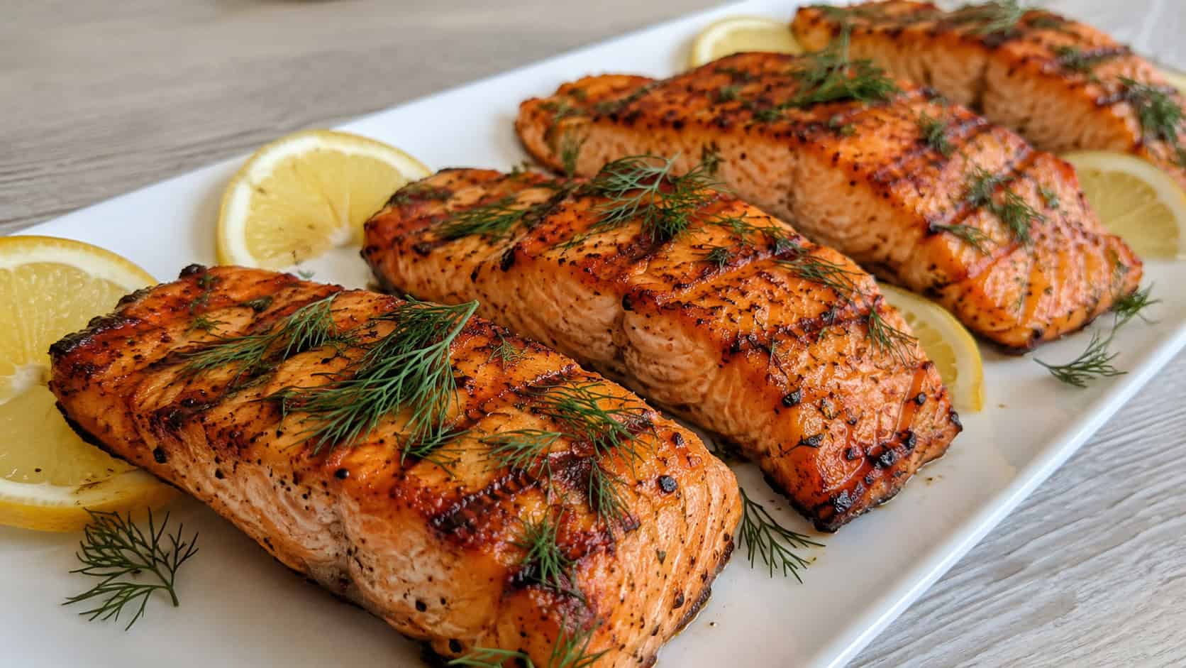 grilled salmon fillets with crisp edges and grill marks topped with fresh dill and lemon slices on a white platter, on a light wood table, wide horizontal shot, natural light, shallow depth of field, landscape orientation
