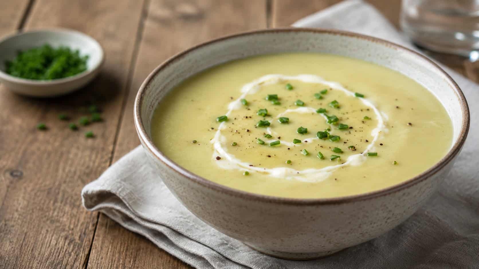 a bowl of velvety potato leek soup in a wide horizontal shot, pale and creamy with a swirl of cream and chopped chives, on a linen napkin over a wooden table, soft natural light, shallow depth of field, landscape orientation