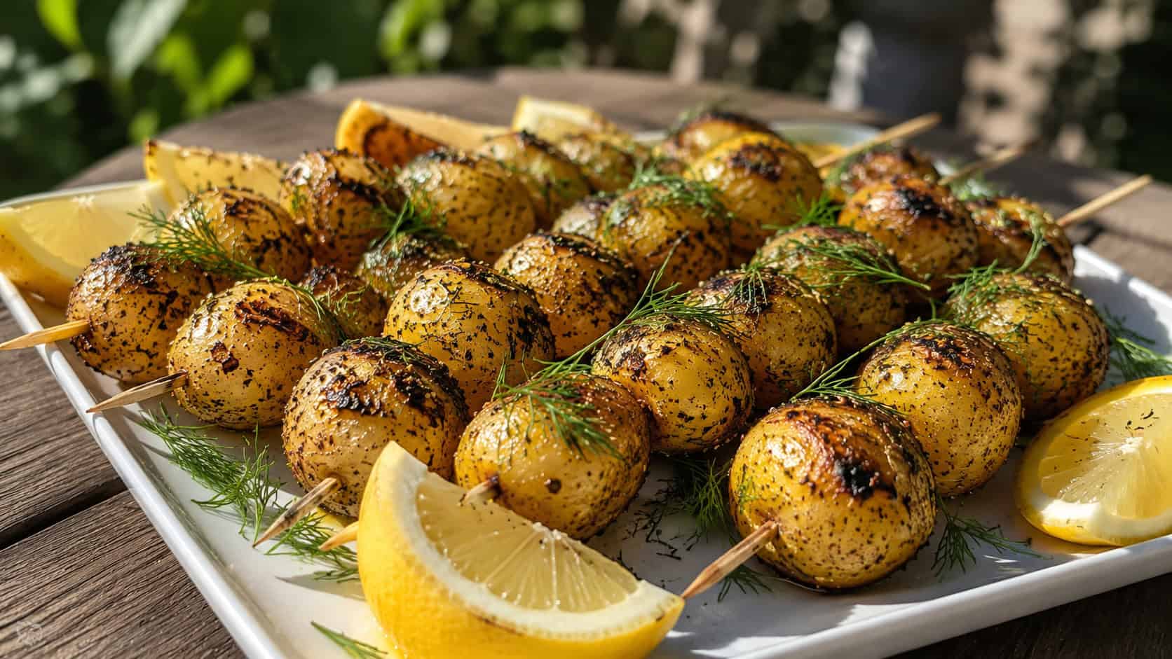 grilled lemon dill potato skewers in a wide horizontal shot, golden potatoes with char marks and fresh dill, arranged on a platter with lemon wedges, bright natural light, shallow depth of field, landscape orientation