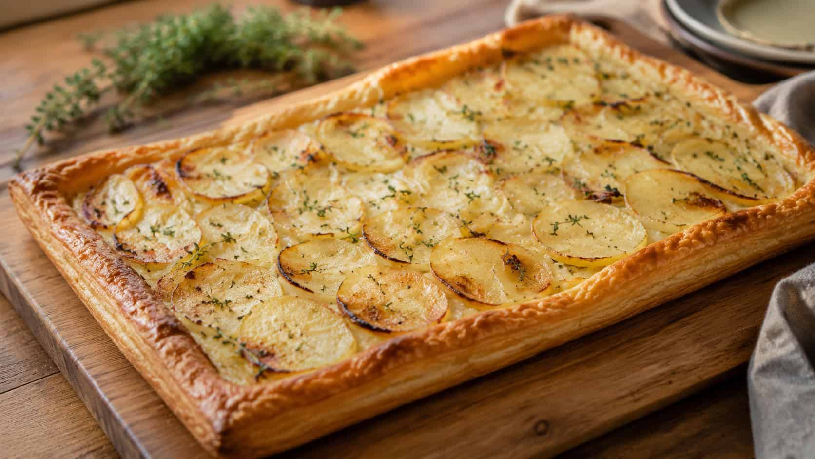 a rustic potato and onion tart in a wide horizontal shot, golden puff pastry topped with overlapping potato slices and thyme, on a wooden board, warm natural light, shallow depth of field, landscape orientation