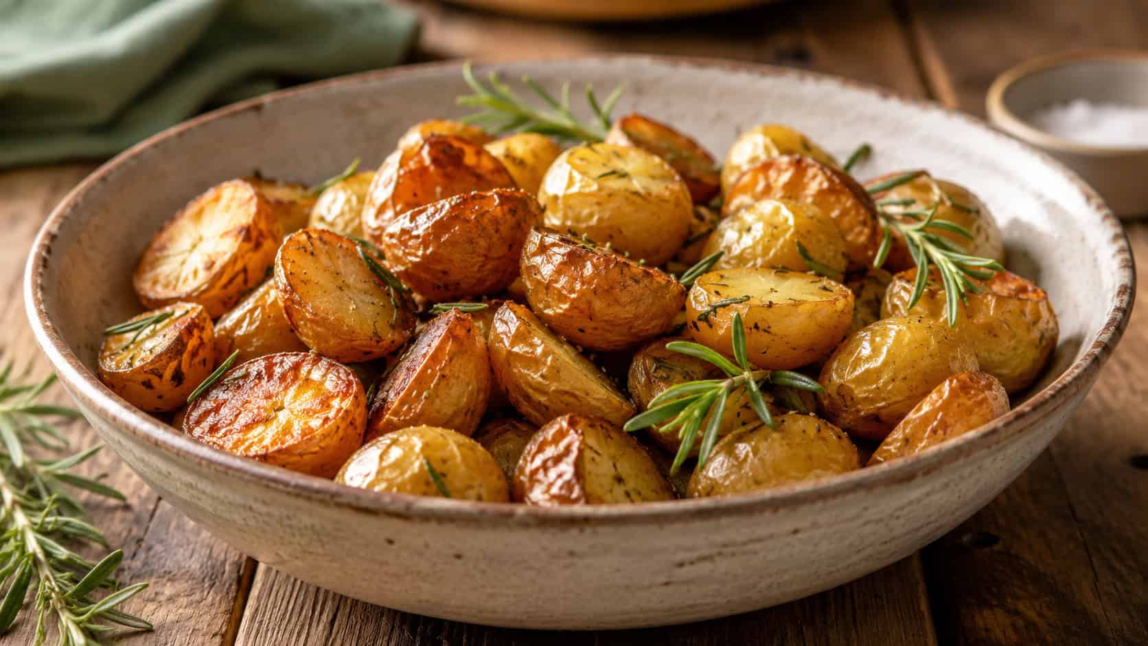 rosemary roasted baby potatoes in a wide horizontal shot, golden and crispy with sprigs of fresh rosemary, served in a rustic bowl on a wooden table, bright natural light, shallow depth of field, landscape orientation
