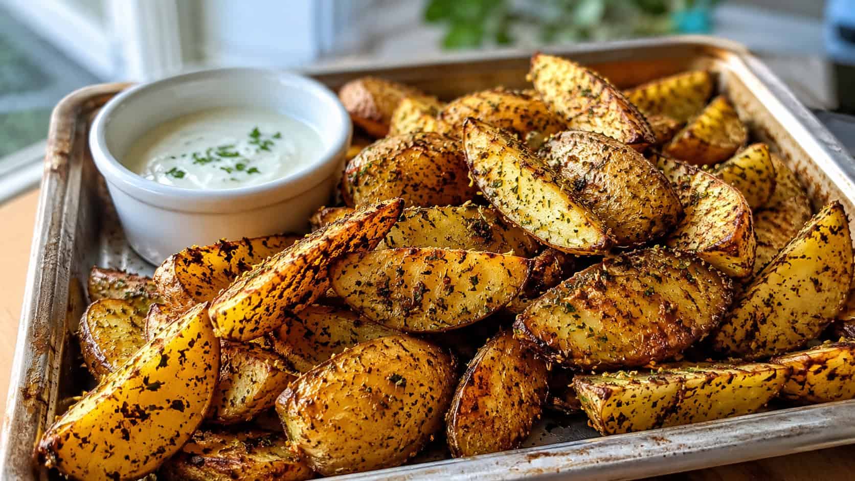 crispy herb-crusted potato wedges in a wide horizontal shot, golden and flecked with herbs, piled on a sheet pan with a small dish of dip beside them, bright natural light, shallow depth of field, landscape orientation