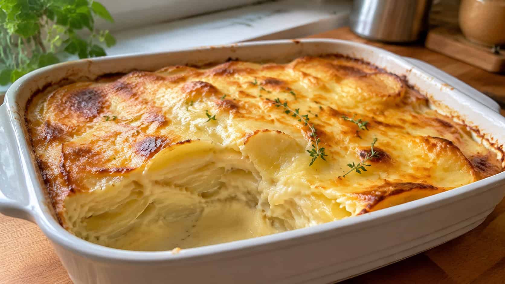 a bubbling creamy potato gratin in a wide horizontal shot, golden and browned on top in a white baking dish, scooped to show layered potatoes, on a warm kitchen counter, natural light, shallow depth of field, landscape orientation