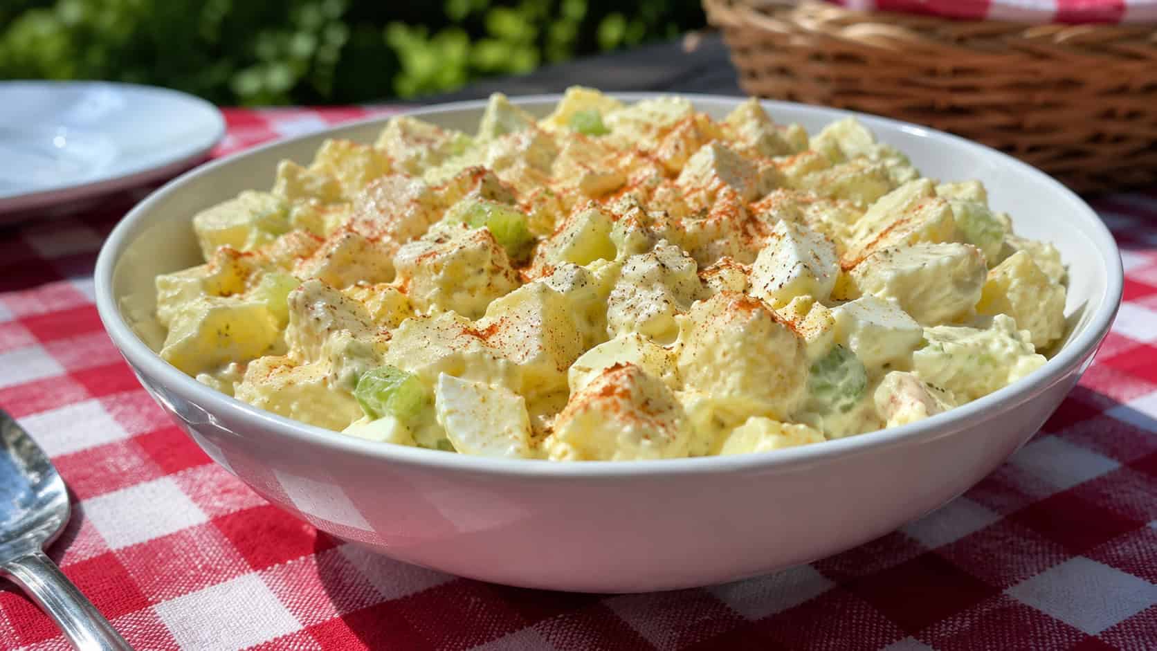 a bowl of classic creamy potato salad in a wide horizontal shot, flecked with celery and egg, garnished with a sprinkle of paprika on a picnic table, bright natural light, shallow depth of field, landscape orientation