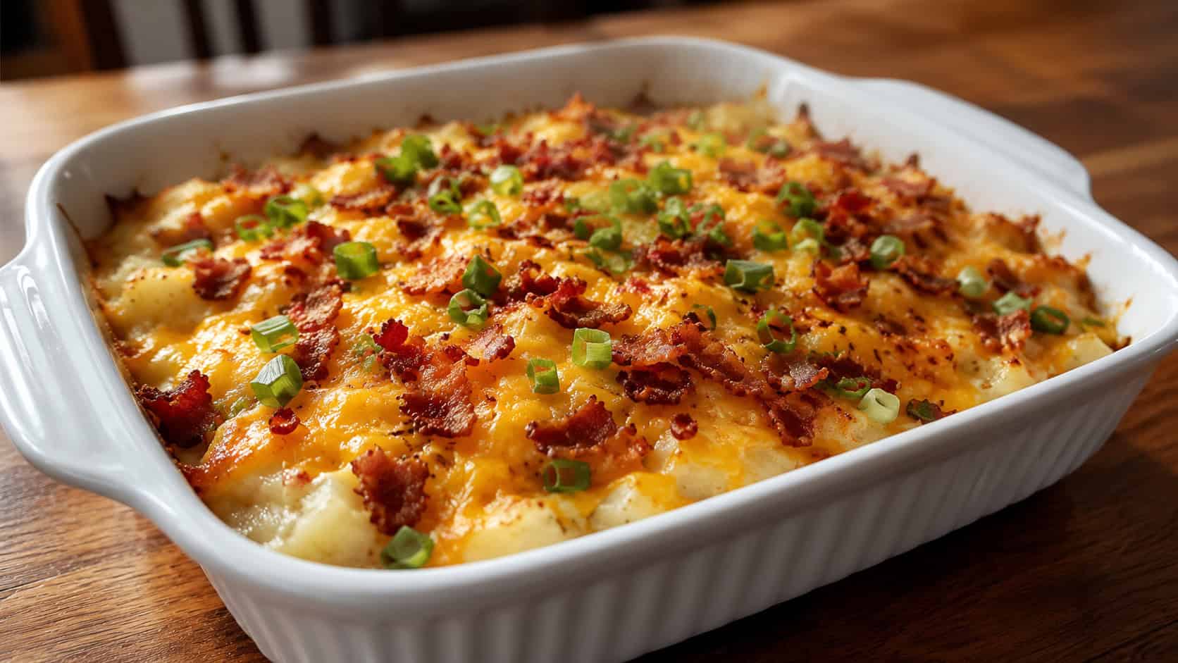 a loaded baked potato casserole in a wide horizontal shot, topped with melted cheese, crispy bacon, and green onions in a white dish, on a wooden table, warm natural light, shallow depth of field, landscape orientation