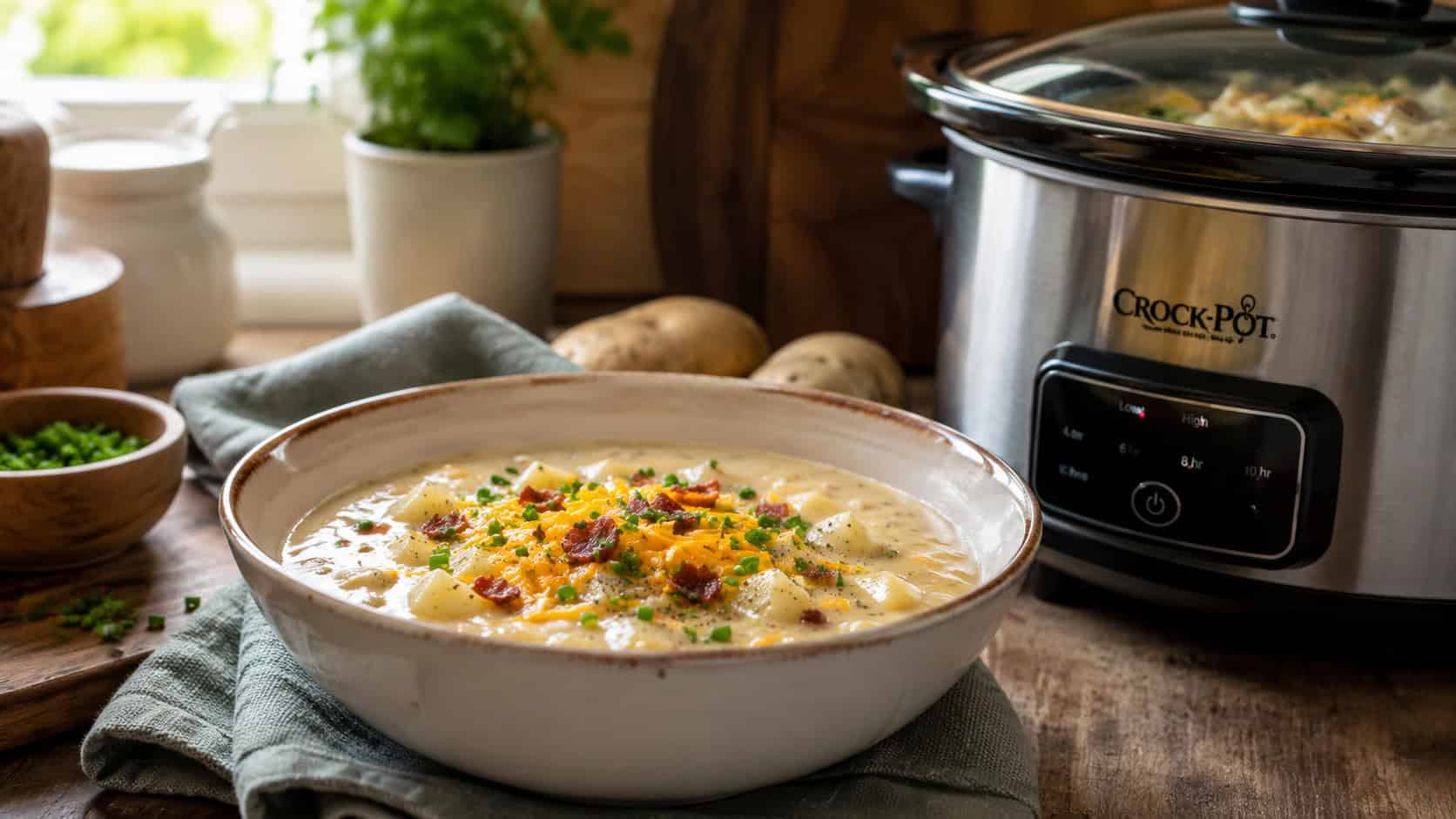 a bowl of creamy slow cooker potato soup in a wide horizontal shot, topped with shredded cheese and chives, beside a slow cooker on a cozy kitchen counter, warm natural light, shallow depth of field, landscape orientation