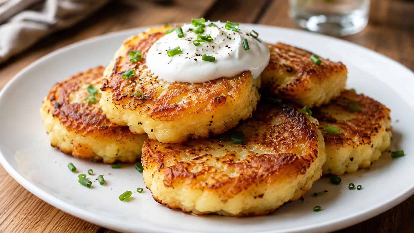 golden parmesan mashed potato patties in a wide horizontal shot, crispy and stacked with a dollop of sour cream, on a white plate over a wooden table, warm natural light, shallow depth of field, landscape orientation