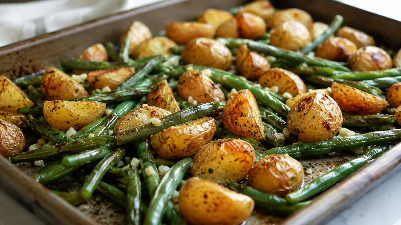 roasted baby potatoes and green beans in a wide horizontal shot, golden potatoes mingled with bright green beans on a sheet pan, garnished with garlic, bright natural light, shallow depth of field, landscape orientation