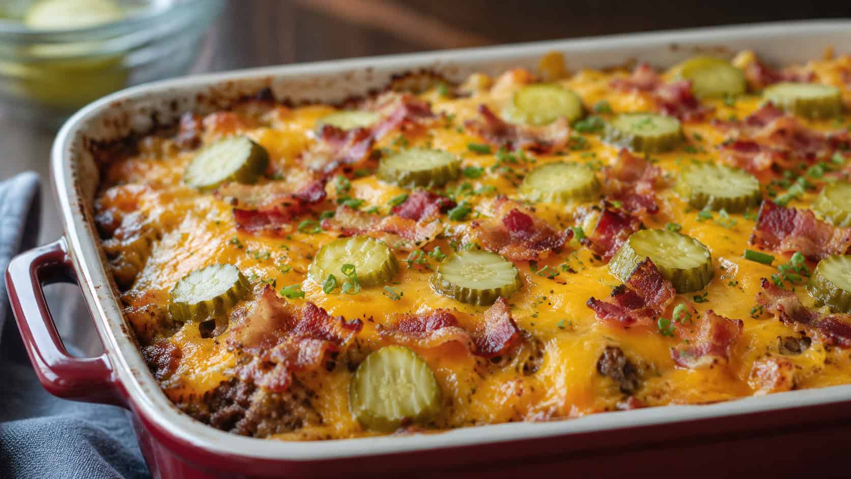 a bubbling cheeseburger casserole topped with melted cheddar and crispy bacon in a wide horizontal shot, in a baking dish with pickles and chopped chives, natural light, shallow depth of field, landscape orientation