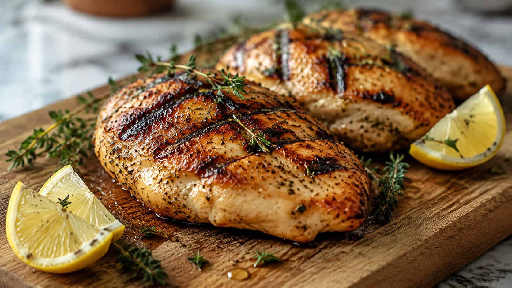 juicy grilled chicken breasts with char marks and fresh herbs in a wide horizontal shot, on a wooden board with lemon wedges and thyme sprigs, natural light, shallow depth of field, landscape orientation