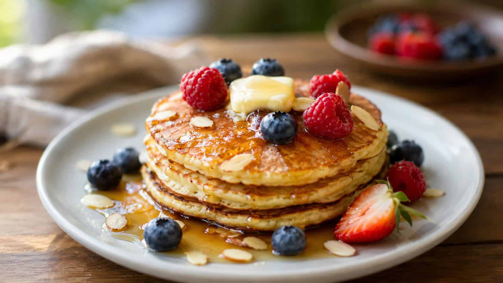 a stack of golden almond flour pancakes topped with melting butter and berries in a wide horizontal shot, on a plate with a drizzle of syrup, natural light, shallow depth of field, landscape orientation