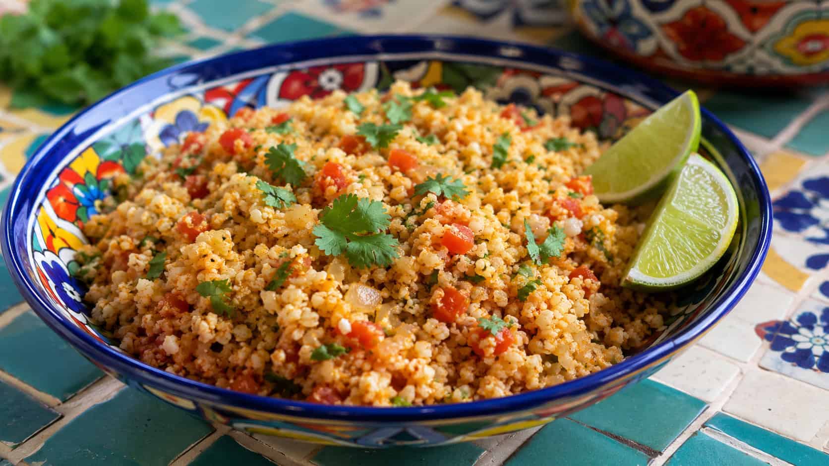 vibrant Mexican cauliflower rice flecked with tomato and cilantro in a wide horizontal shot, in a colorful bowl with lime wedges on a tiled surface, natural light, shallow depth of field, landscape orientation