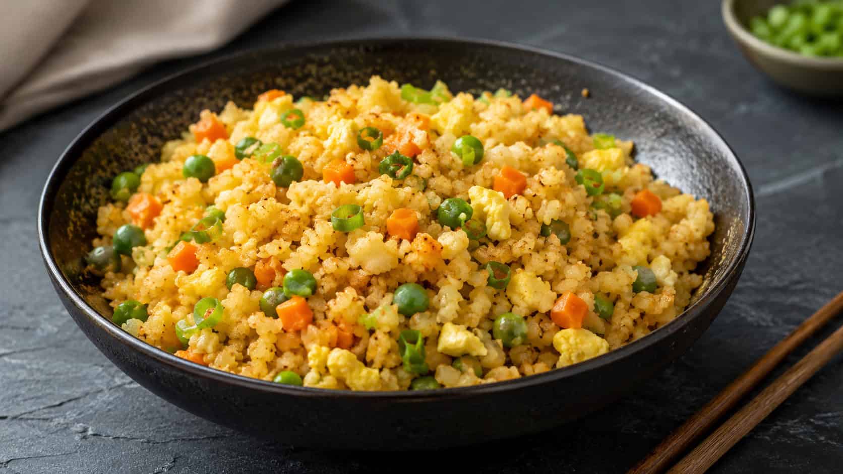golden cauliflower fried rice flecked with peas, carrots, and scrambled egg in a wide horizontal shot, served in a dark ceramic bowl with chopsticks on a slate surface, natural light, shallow depth of field, landscape orientation