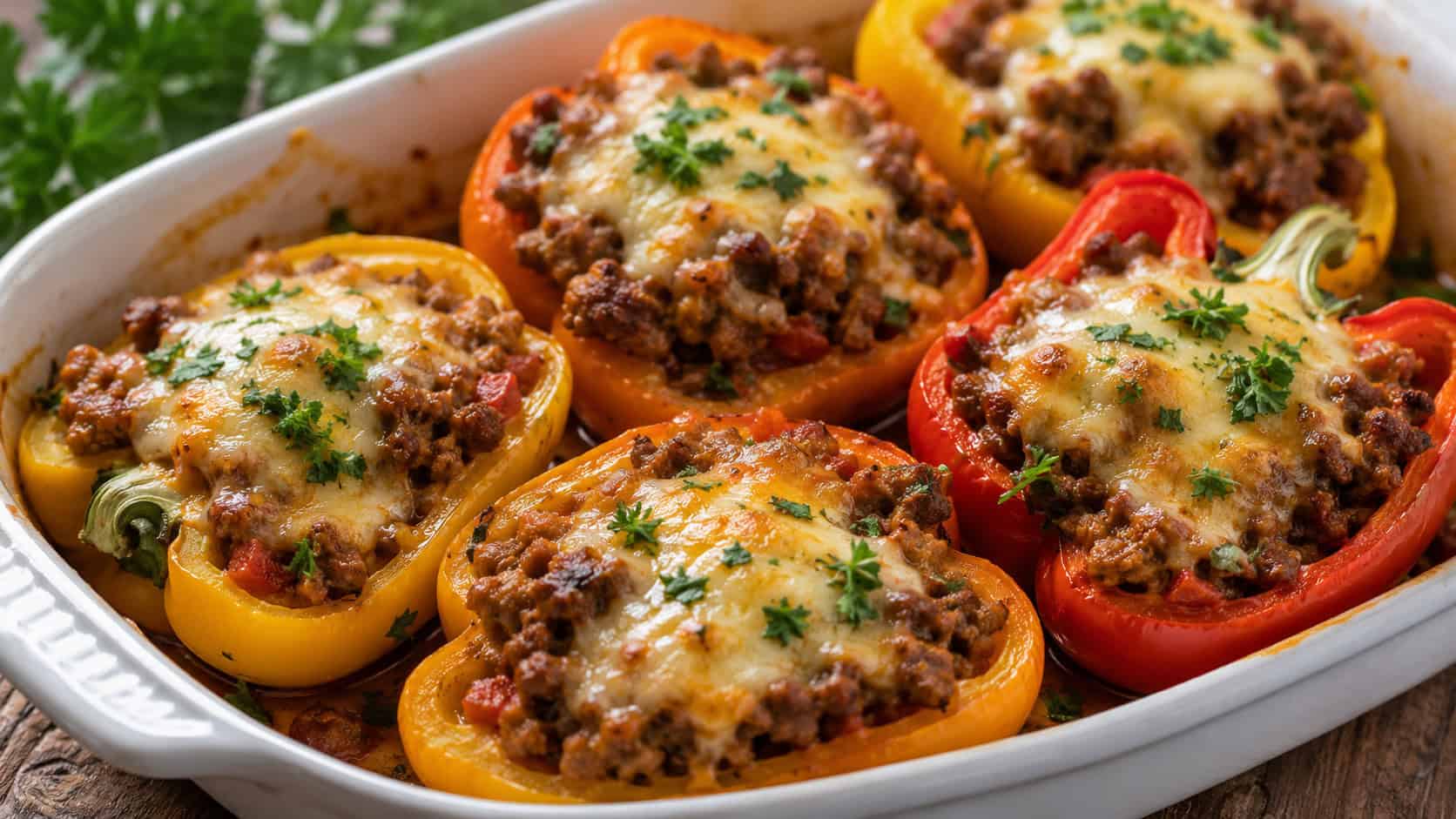 halved bell peppers stuffed with savory beef filling and bubbling melted cheese in a wide horizontal shot, arranged in a white baking dish with fresh parsley, natural light, shallow depth of field, landscape orientation