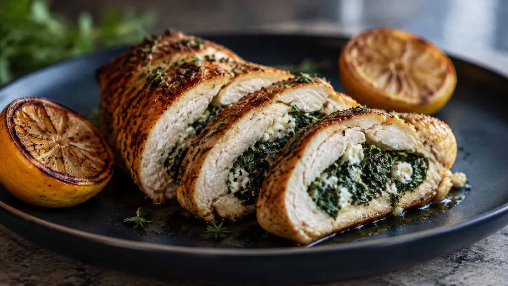 a golden seared chicken breast sliced to reveal a spinach and feta center in a wide horizontal shot, plated on a dark dish with roasted lemon halves, natural light, shallow depth of field, landscape orientation