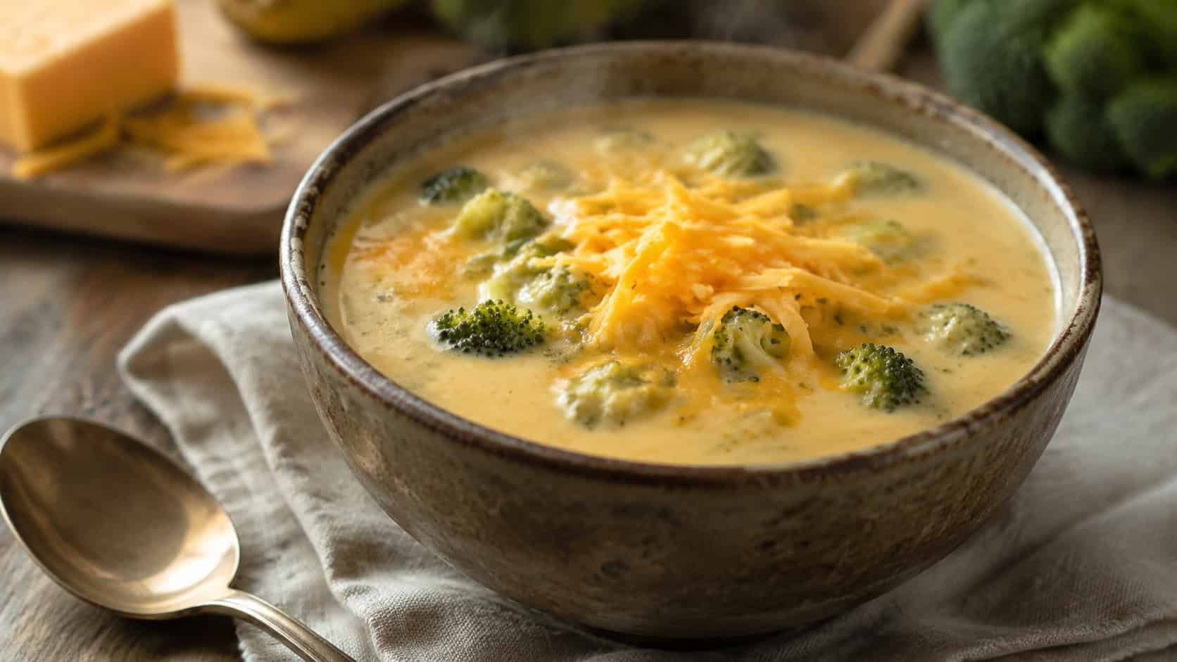 a steaming bowl of creamy broccoli cheddar soup topped with extra cheese in a wide horizontal shot, in a rustic bowl on a linen napkin with a spoon, natural light, shallow depth of field, landscape orientation