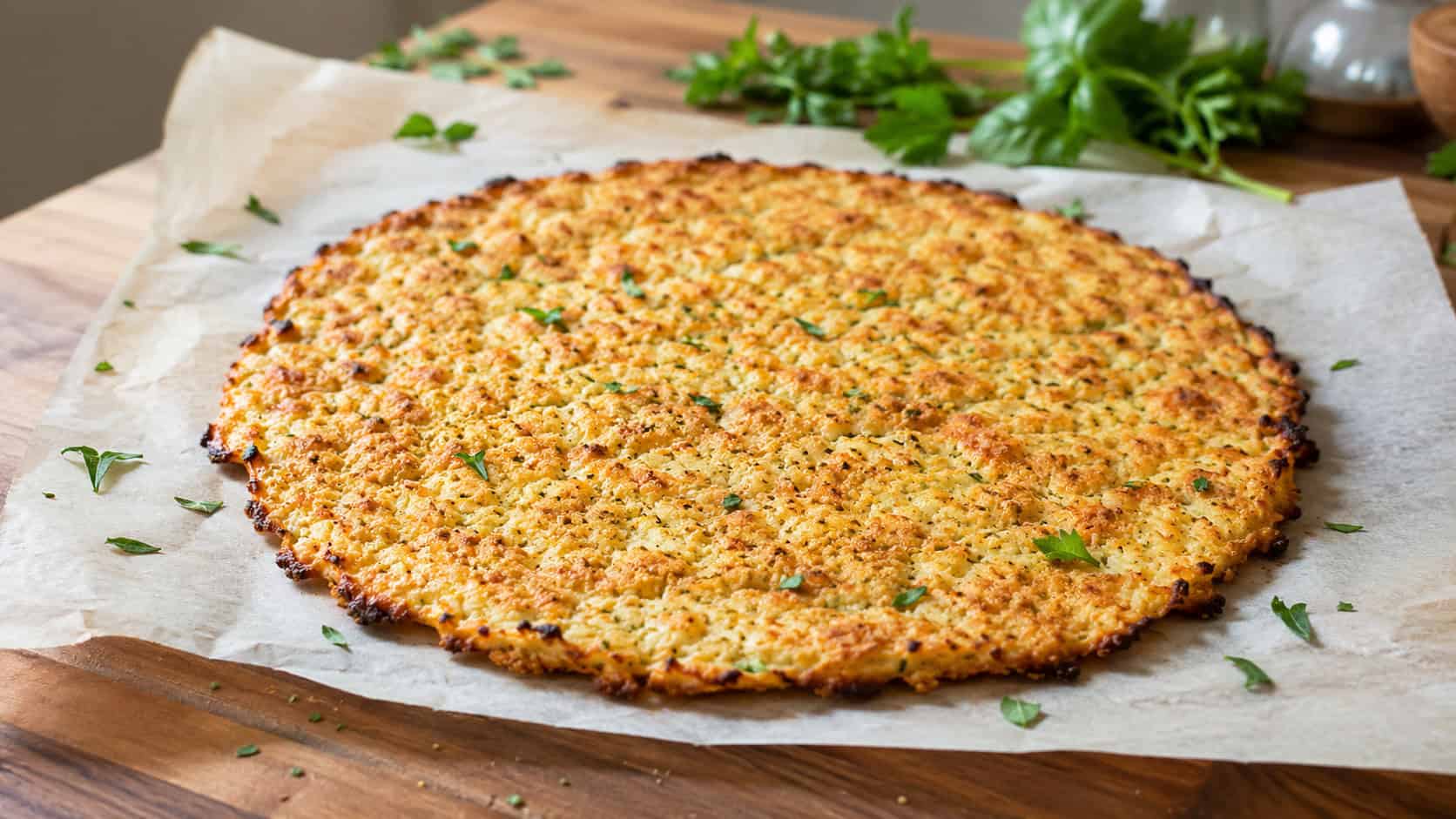 a golden crisp cauliflower pizza crust fresh from the oven in a wide horizontal shot, on parchment over a wooden board with a scattering of herbs, natural light, shallow depth of field, landscape orientation