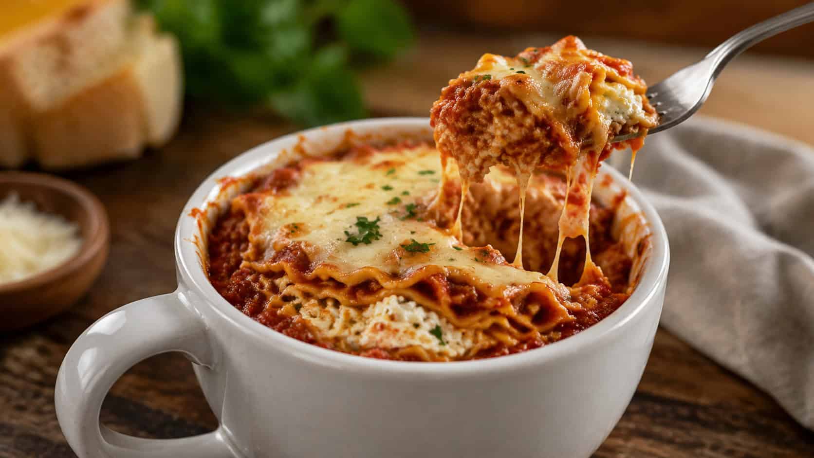 a single-serving lasagna with bubbling melted cheese in a wide horizontal shot, layers of noodles and red sauce visible at the edge, a basil sprig on top, set in a small dish on a rustic table, warm light, shallow depth of field, landscape orientation