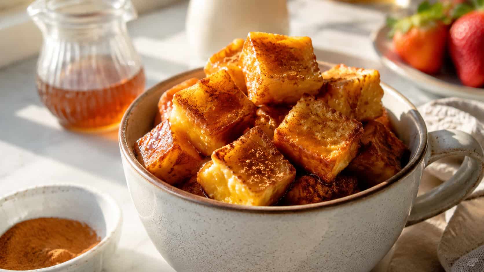 warm cinnamon French toast cubes in a mug in a wide horizontal shot, dusted with powdered sugar and drizzled with maple syrup, a few berries scattered beside it on a light wood table, soft morning light, shallow depth of field, landscape orientation