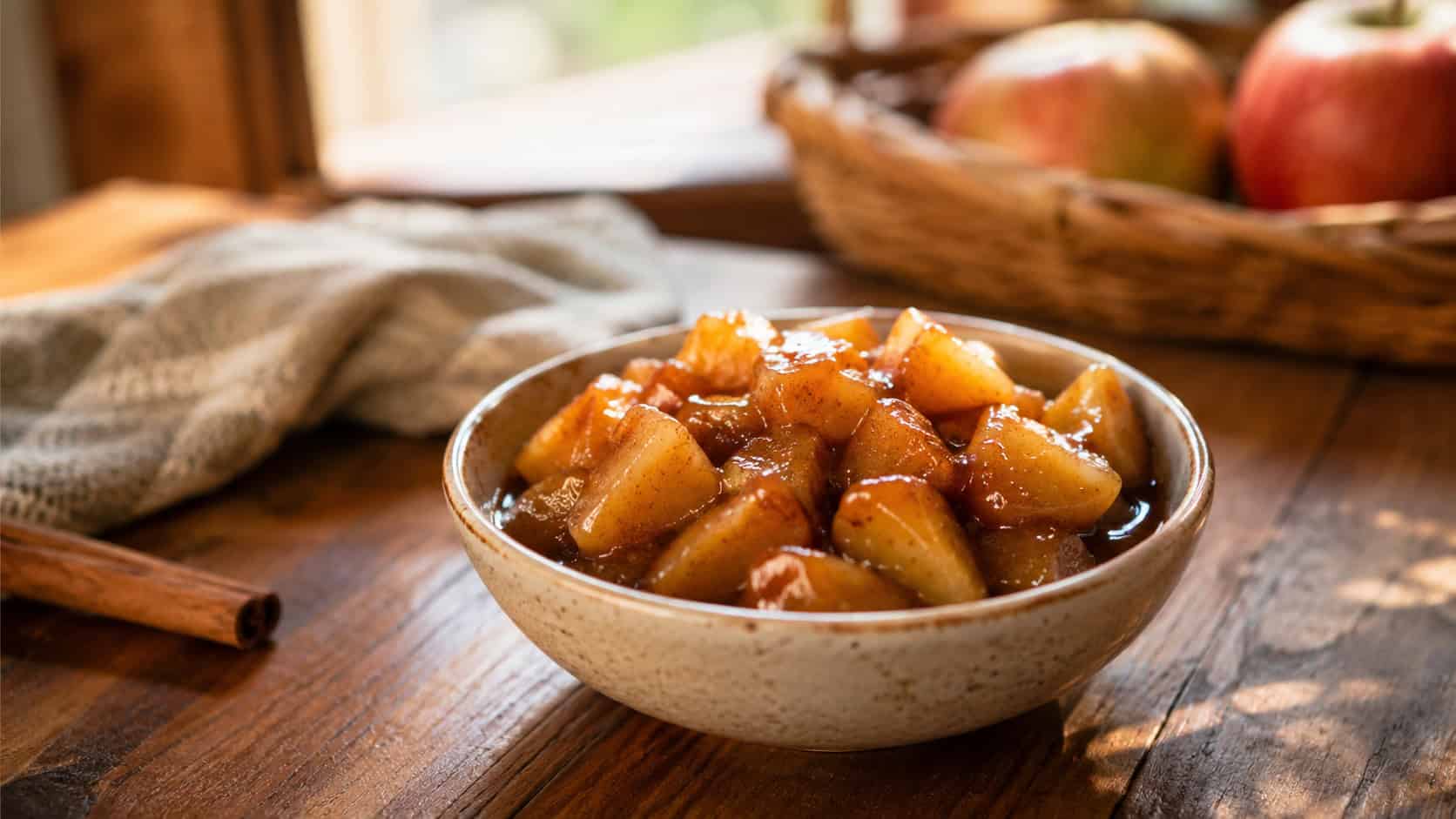 warm cinnamon baked apples in a wide horizontal shot, glistening tender chunks in a shallow bowl with a dollop of whipped cream, a cinnamon stick alongside on a cozy wood table, warm autumn light, shallow depth of field, landscape orientation
