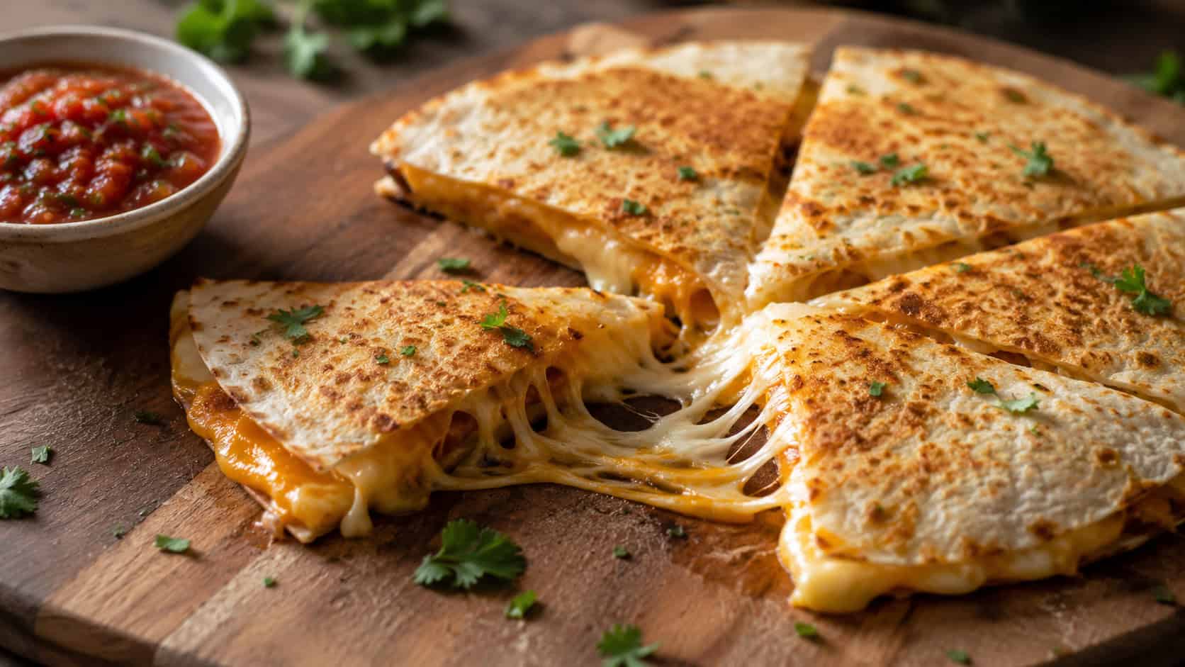 a golden cheesy quesadilla cut into wedges in a wide horizontal shot, a gooey cheese pull from one slice, a small bowl of salsa beside it on a rustic plate, bright natural light, shallow depth of field, landscape orientation