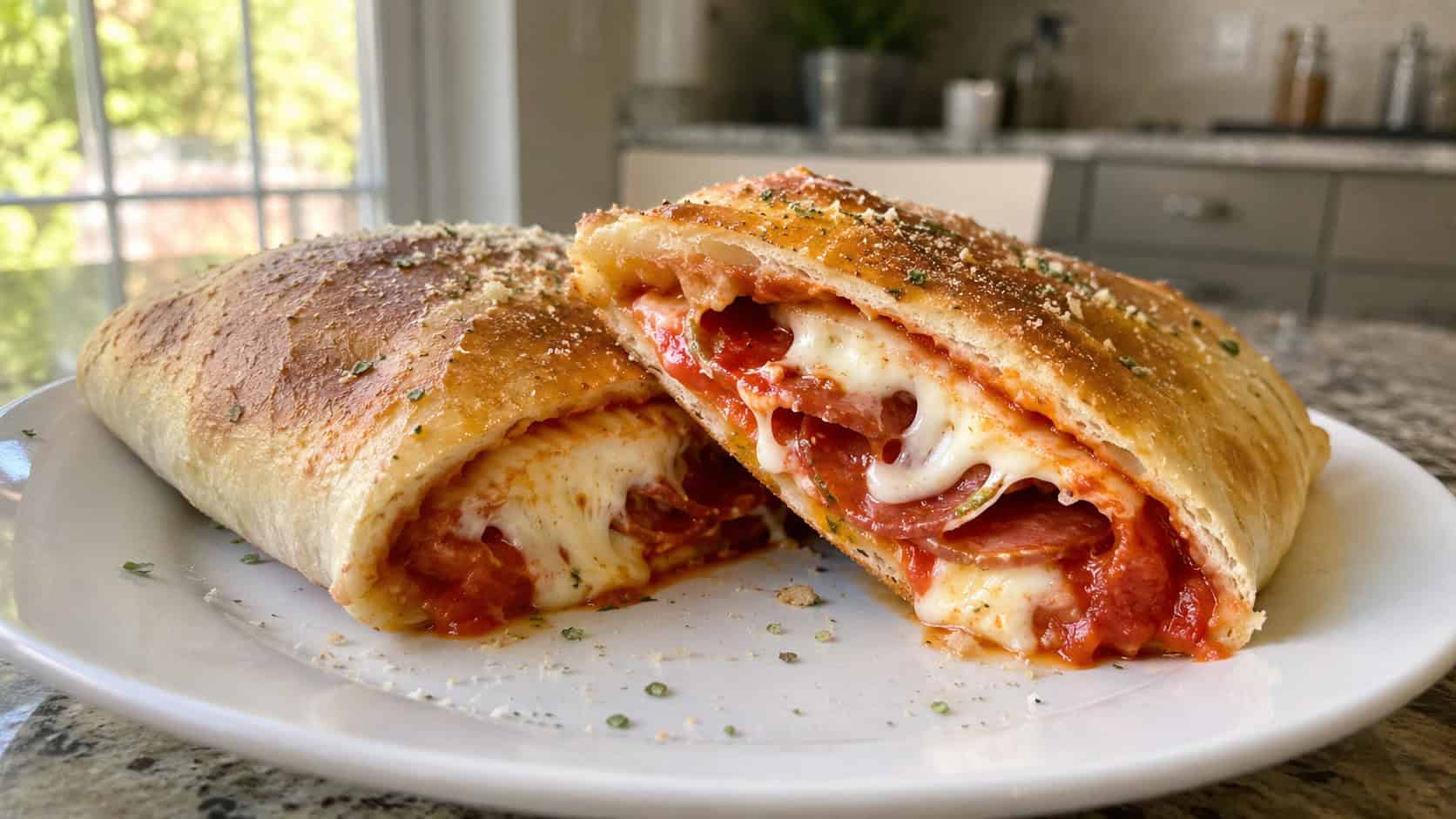 a folded pizza pocket cut in half in a wide horizontal shot, melted cheese and pepperoni spilling from the center, a small dish of marinara for dipping, set on a wooden board, warm appetizing light, shallow depth of field, landscape orientation