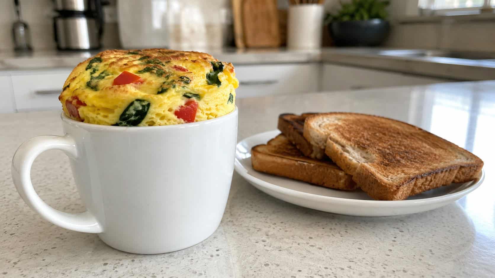 a fluffy vegetable omelette turned out of a mug onto a white plate in a wide horizontal shot, flecks of red pepper and green spinach visible, a fork alongside on a light wood table, soft morning light, shallow depth of field, landscape orientation