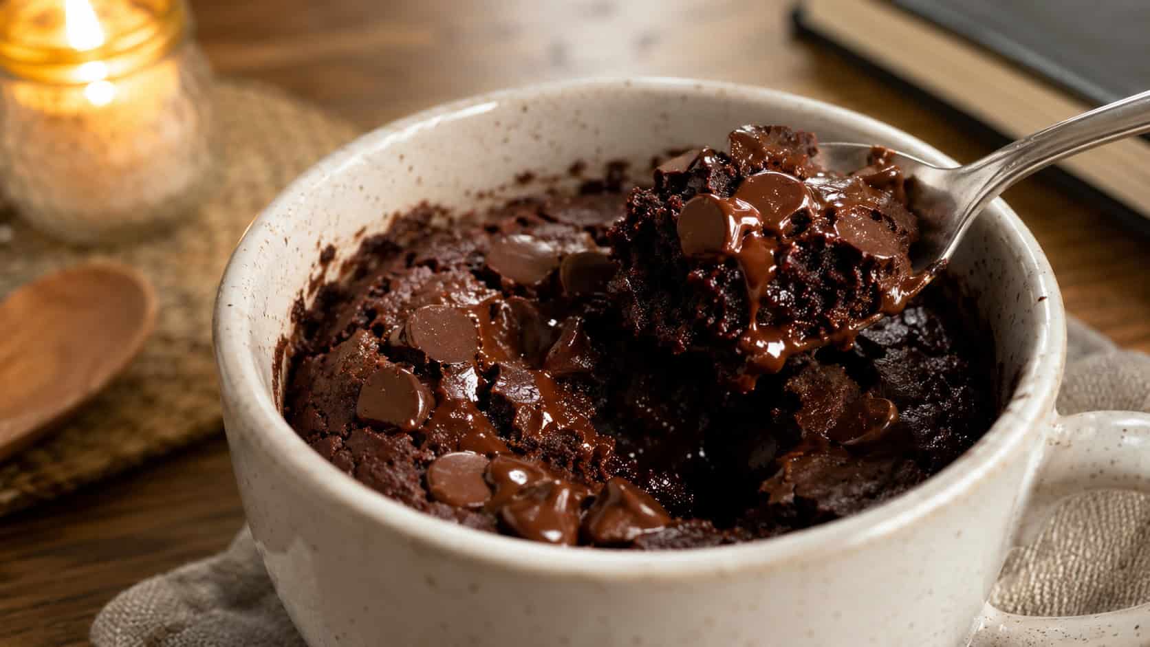 a warm chocolate mug brownie with a soft molten center in a wide horizontal shot, a melting scoop of vanilla ice cream on top, a spoon beside the mug on a dark wood table, cozy warm light, shallow depth of field, landscape orientation