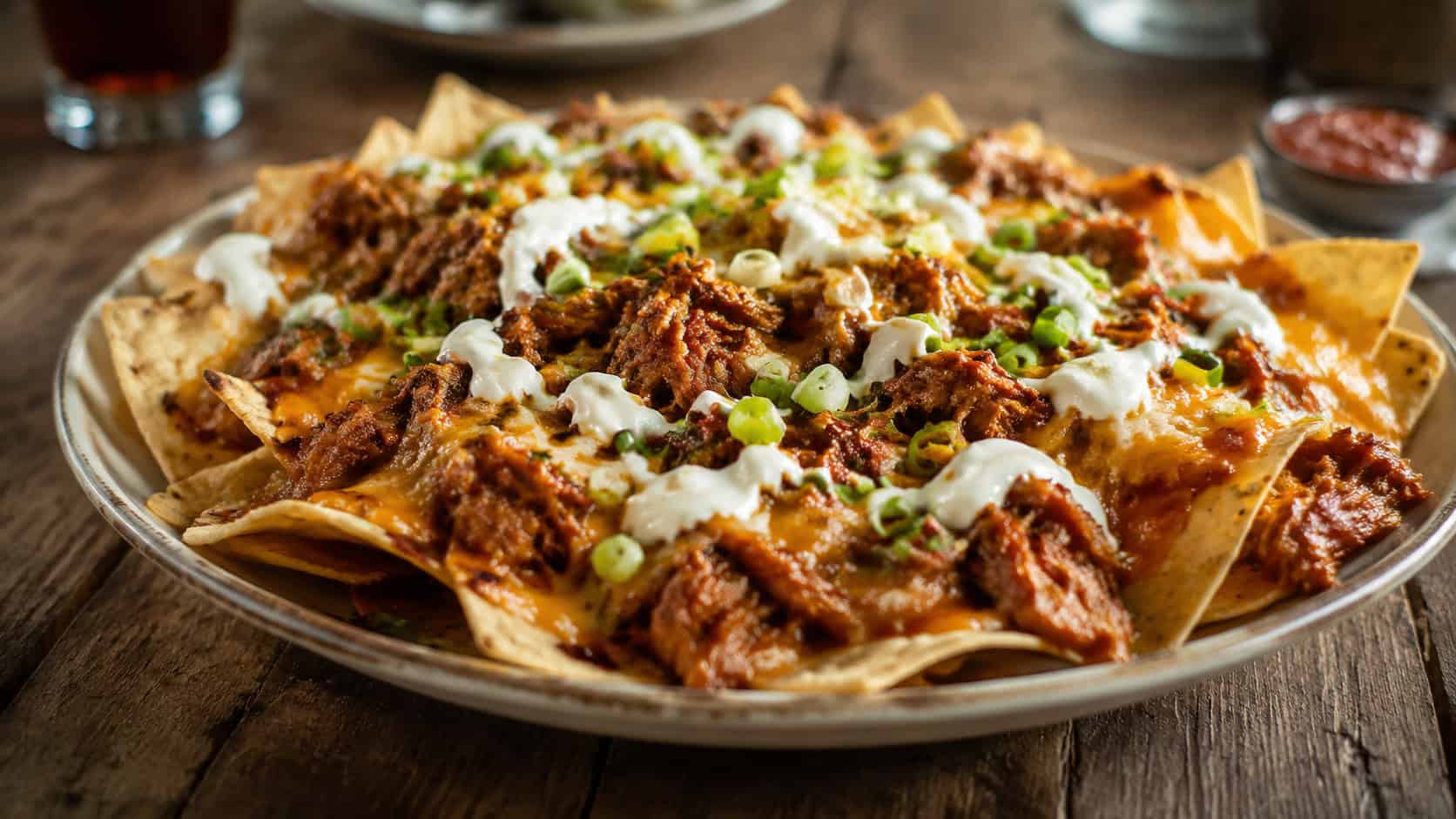 a platter of BBQ chicken nachos in a wide horizontal shot, melted cheese stretching over saucy chicken and crisp chips, scattered green onions, a small bowl of sour cream nearby on a rustic table, warm overhead light, shallow depth of field, landscape orientation