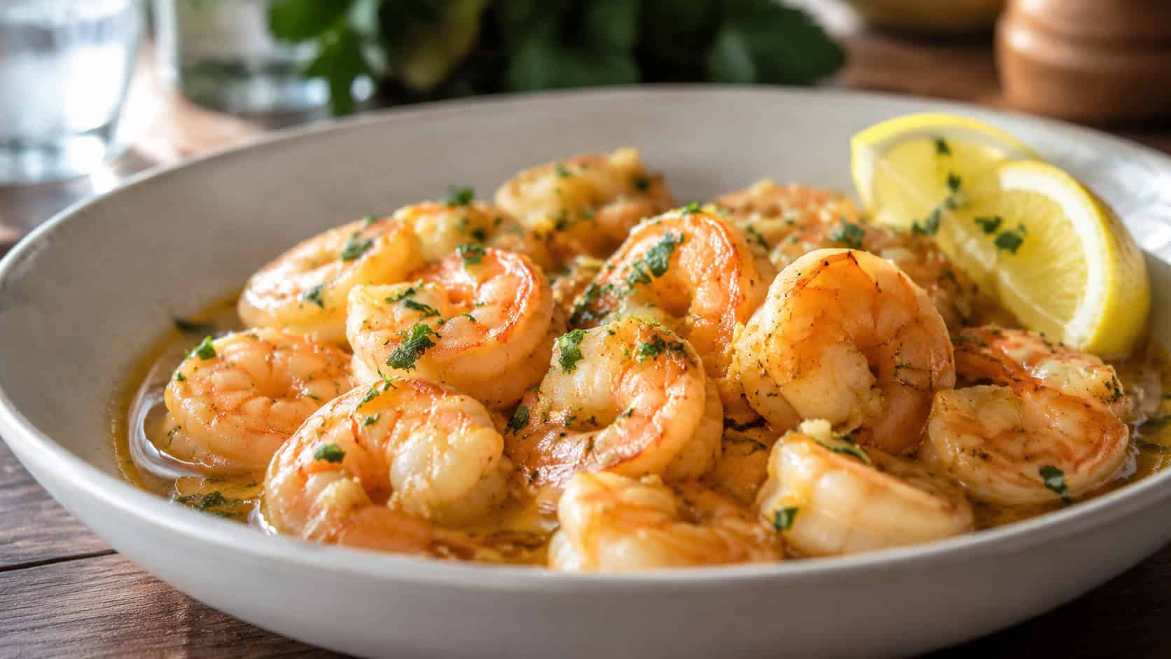 glistening garlic butter shrimp in a wide horizontal shot, arranged in a shallow white bowl with a buttery sauce, lemon wedges and parsley garnish, a slice of crusty bread on the side, bright natural light, shallow depth of field, landscape orientation