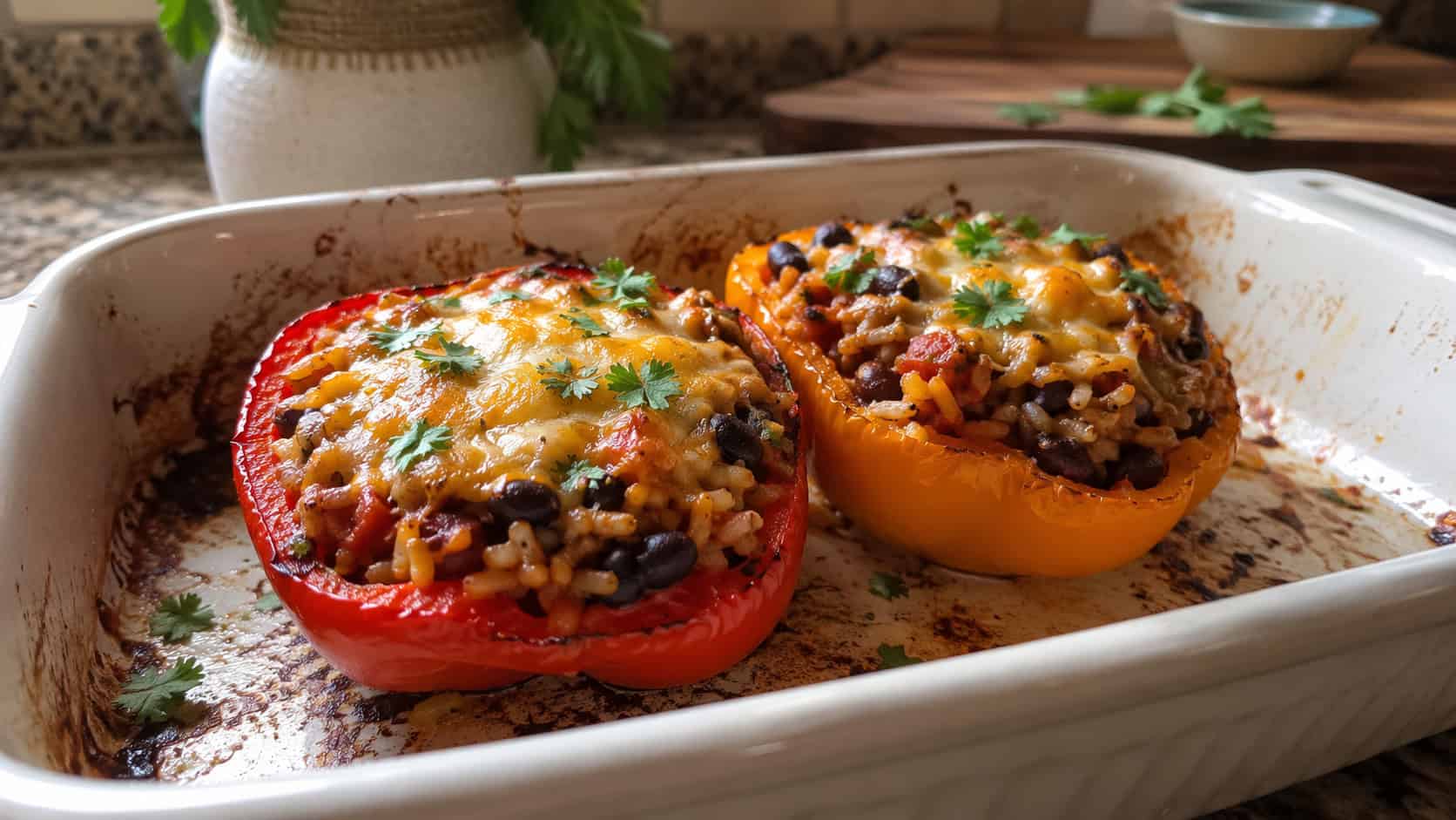 two stuffed bell pepper halves with melted cheese in a wide horizontal shot, arranged in a shallow baking dish with a few basil leaves, set on a wooden table with a linen napkin, warm natural light, shallow depth of field, landscape orientation