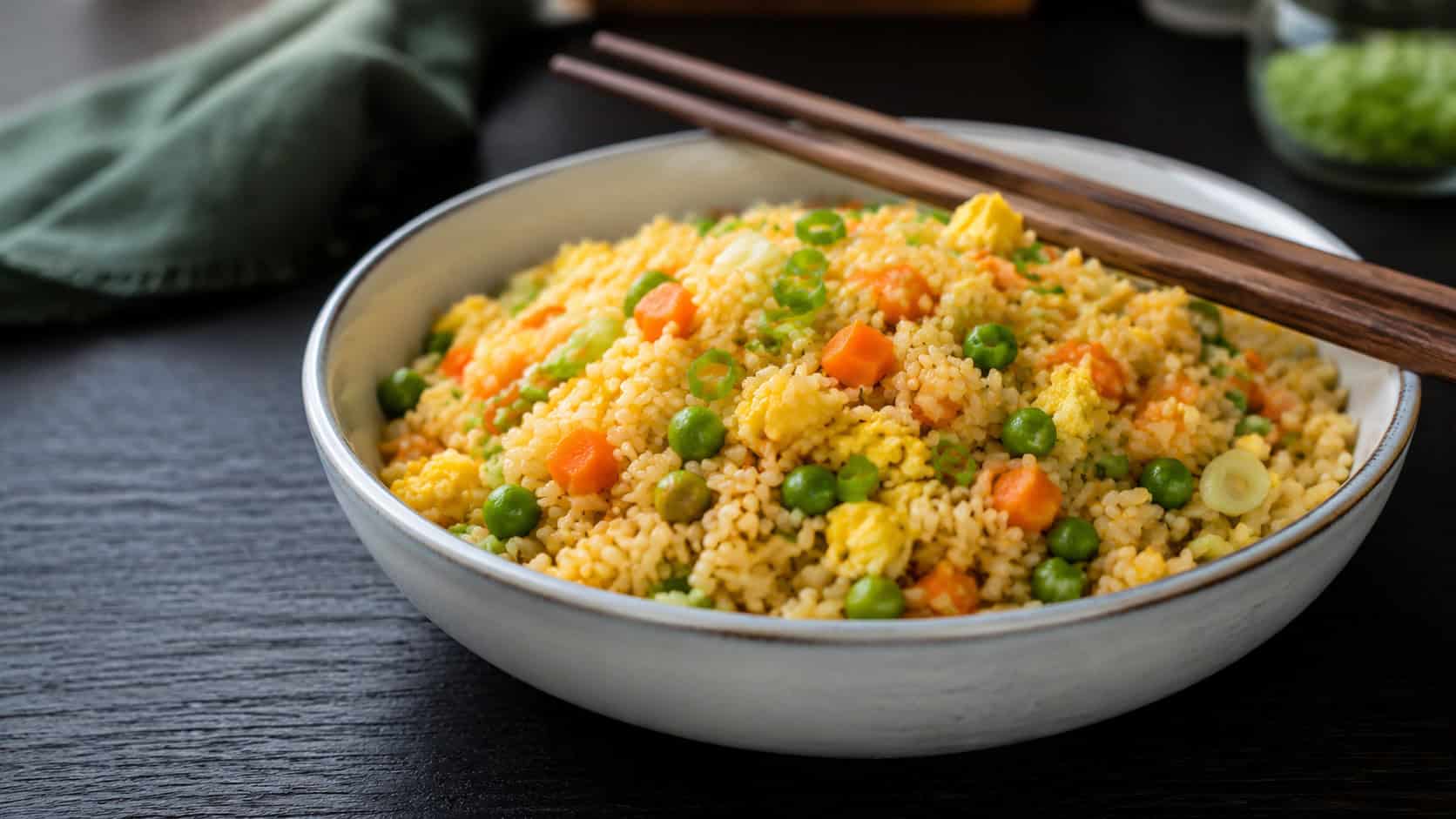 a bowl of egg fried rice in a wide horizontal shot, studded with peas, carrots, and green onion, chopsticks resting across the rim, set on a bamboo mat, warm natural light, shallow depth of field, landscape orientation