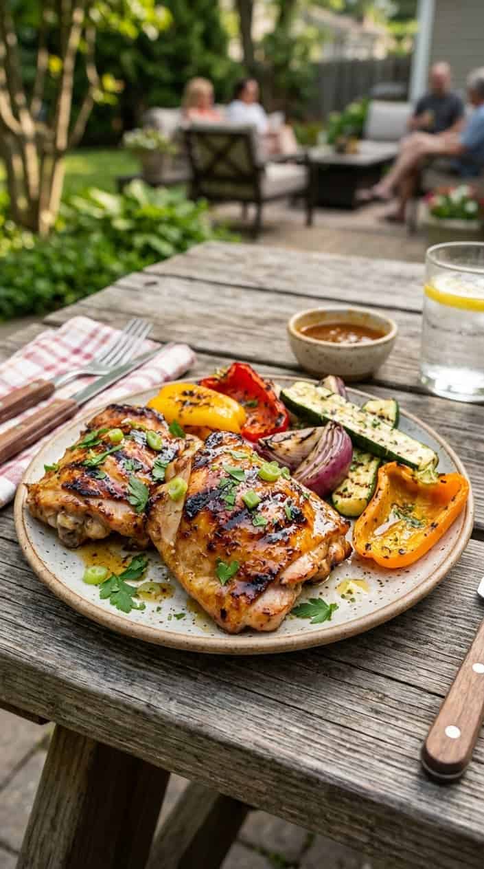 A plate of grilled chicken thighs glazed with honey-garlic sauce, garnished with fresh herbs and served with grilled vegetables on a wooden table outdoors.