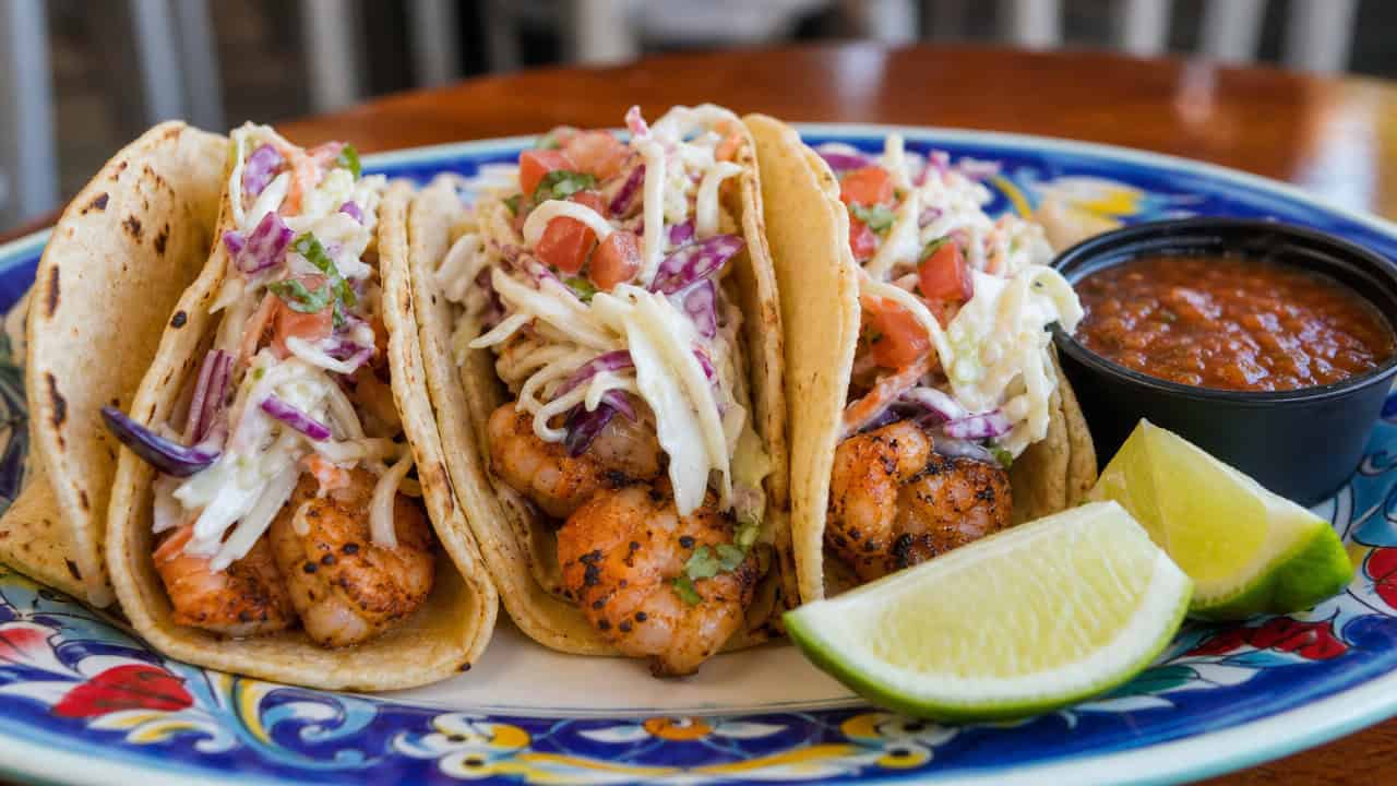 three shrimp tacos in a wide horizontal shot, loaded with crunchy slaw and lime wedges on a colorful plate with a small bowl of salsa, natural light, shallow depth of field, landscape orientation