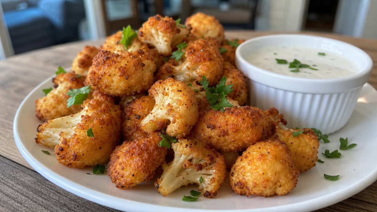 golden crispy cauliflower bites in a wide horizontal shot, piled on a white plate with a ramekin of ranch and fresh parsley, natural light, shallow depth of field, landscape orientation