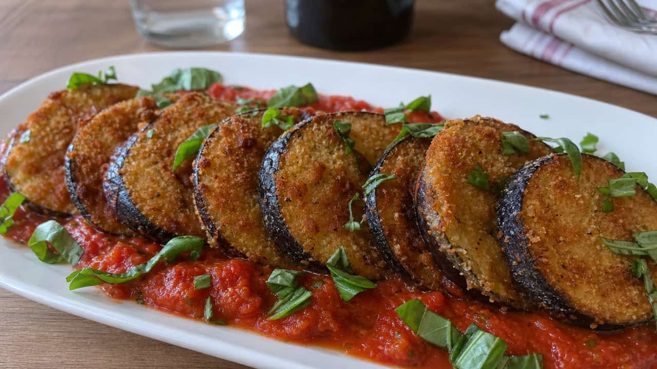 crispy breaded eggplant rounds in a wide horizontal shot, fanned across a plate with marinara and a scattering of fresh basil, natural light, shallow depth of field, landscape orientation